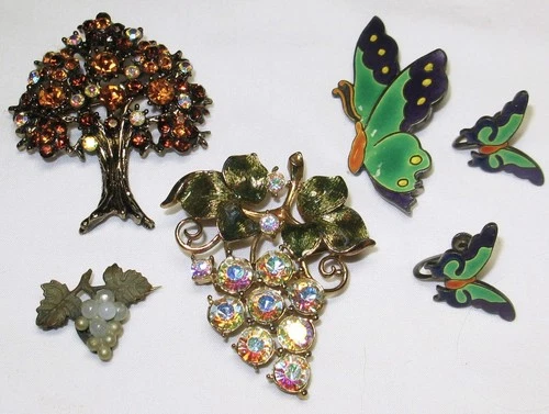 Lot 5 Vintage Signed Rhinestone Costume Jewelry, Enamel Butterflies, Silver