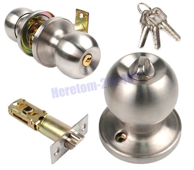 Entry Entrance Front Door Lock Round Knob Set Lockset Silver Colour With 3 Keys