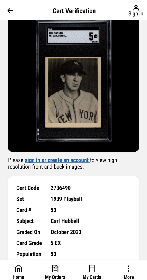 🔥1939 Play Ball #53⚡️ CARL HUBBELL ✨️SGC 5 EX ⚾️HOF⚾️ New York Giants🏟 Foto 3 de 3