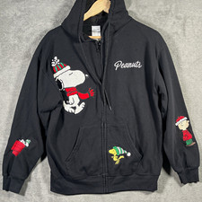 Peanuts Women  s M Black Fleece Full Zip Hoodie Snoopy Embroidered Graphic