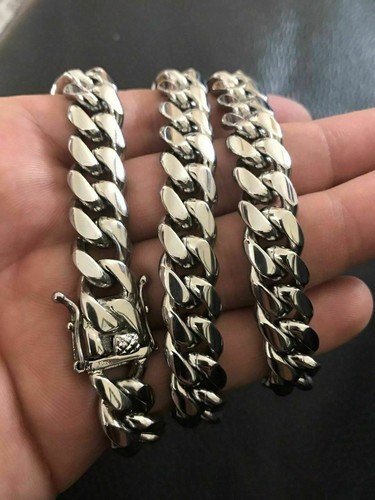 12mm Miami Cuban Link Bracelet & Chain Set Stainless Steel Looks Like Silver Men - Picture 12 of 12