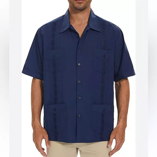 Mens 100% Linen Relaxed Fit Guayabera Short Sleeve Cuban Button Down Shirt