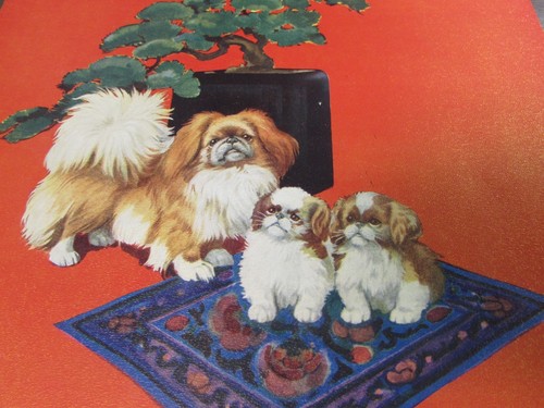 VINTAGE CALENDAR ART, DOG AND TWO PUPPIES - 9.5 X 13-3/4 - BRILLIANT COLORS - Picture 2 of 3