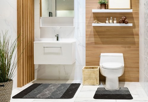 Non Slip 2 Piece Bathroom mat Rug & Pedestal mat with Woven Graduated Stripes - Picture 5 of 47