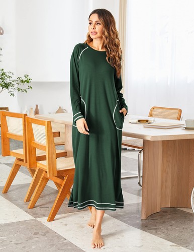 Women's Nightshirt Long Sleeve Nightgown Round Neck Sleepwear Full Length Paj... - Picture 2 of 6