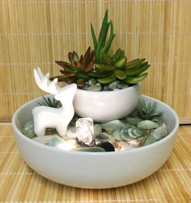 Tranquility Tabletop Jade Water Fountain Live Plants Zen Deer FREE SHIPPING #907
