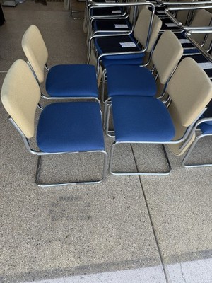 Knoll Marcel Breuer Cesca Chairs Blue & Tan Chrome Legs Set Of 4. Bouclè / Wool