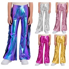 Girls Metallic Pants Hip-Hop Trousers Party Fringe Flared Retro Holographic