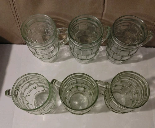 Six Vintage Green Glass Barrel Shaped Block Pattern Mid-Century Mugs 4.25” tall