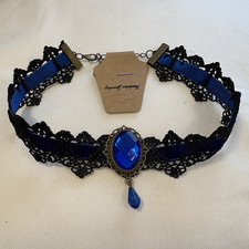 Black Lace & Blue Ribbon Adjustable Choker Necklace with Oval Pendant