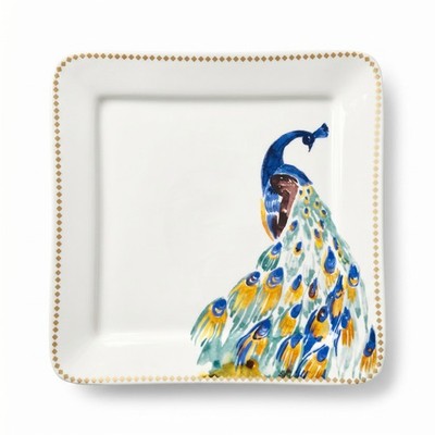 Ciroa Peacock Porcelain Plates Set of 4 Aqua Blue Gold Trim 5.9'' Square BNWT
