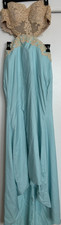 Light Blue Beige Lace Beaded Strapless Sleeveless Floral Mesh Gown Long Formal