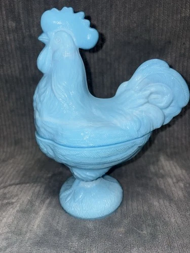 Vintage Blue Slag Milk Glass Rooster-Footed Candy Dish 9-inch