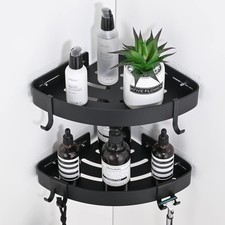 Adhesive Corner Shower Caddy W/ Hooks,Bathroom Shower Organizer No Drilling