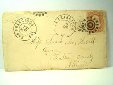 1860 s SAN FRANCISCO CAL Fancy COG WHEEL Cancel Cover SARAH HOVELL AVON ILLINOIS