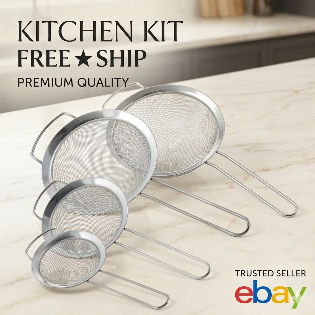 U.S. Kitchen 4 Piece Set - Stainless Steel Round Mesh Strainers With Wide Ears