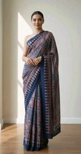 New Women Ajrakh Block Pure Silk Saree With Bp Party Designer Festive
