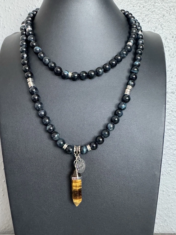 Lily Rose Hand Knotted Stone Stretch Necklace w/ Tigers Eye Charm Pendant 35" - Image 3 of 4