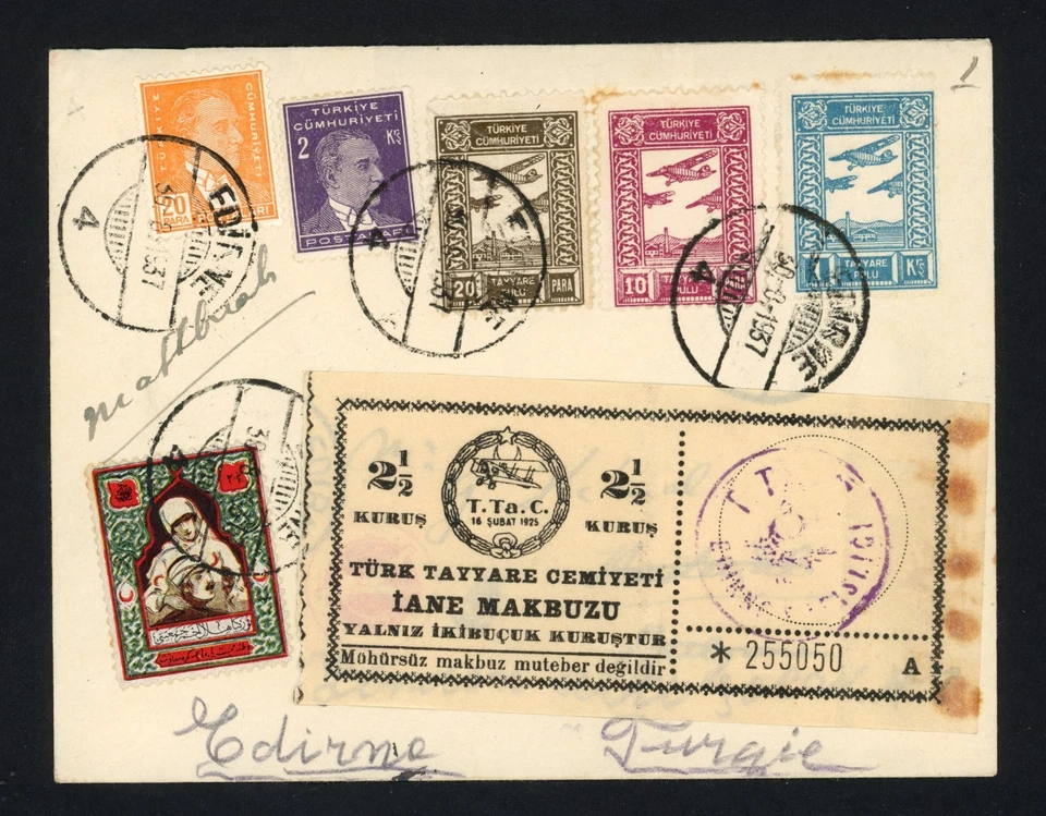 1937 Turkey Cover To Bulgaria Airmail Fund 11k30p Stamps, Correct Day, Fine - Image 2 of 3