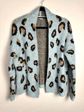 Hem & Thread Blue Animal Print Angora Cardigan Sweater Size S/M Anthropologie