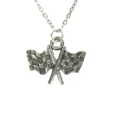 Pewter Racing Flags Necklace – Crossed Checkered Flags Pendant – Stainless Chain