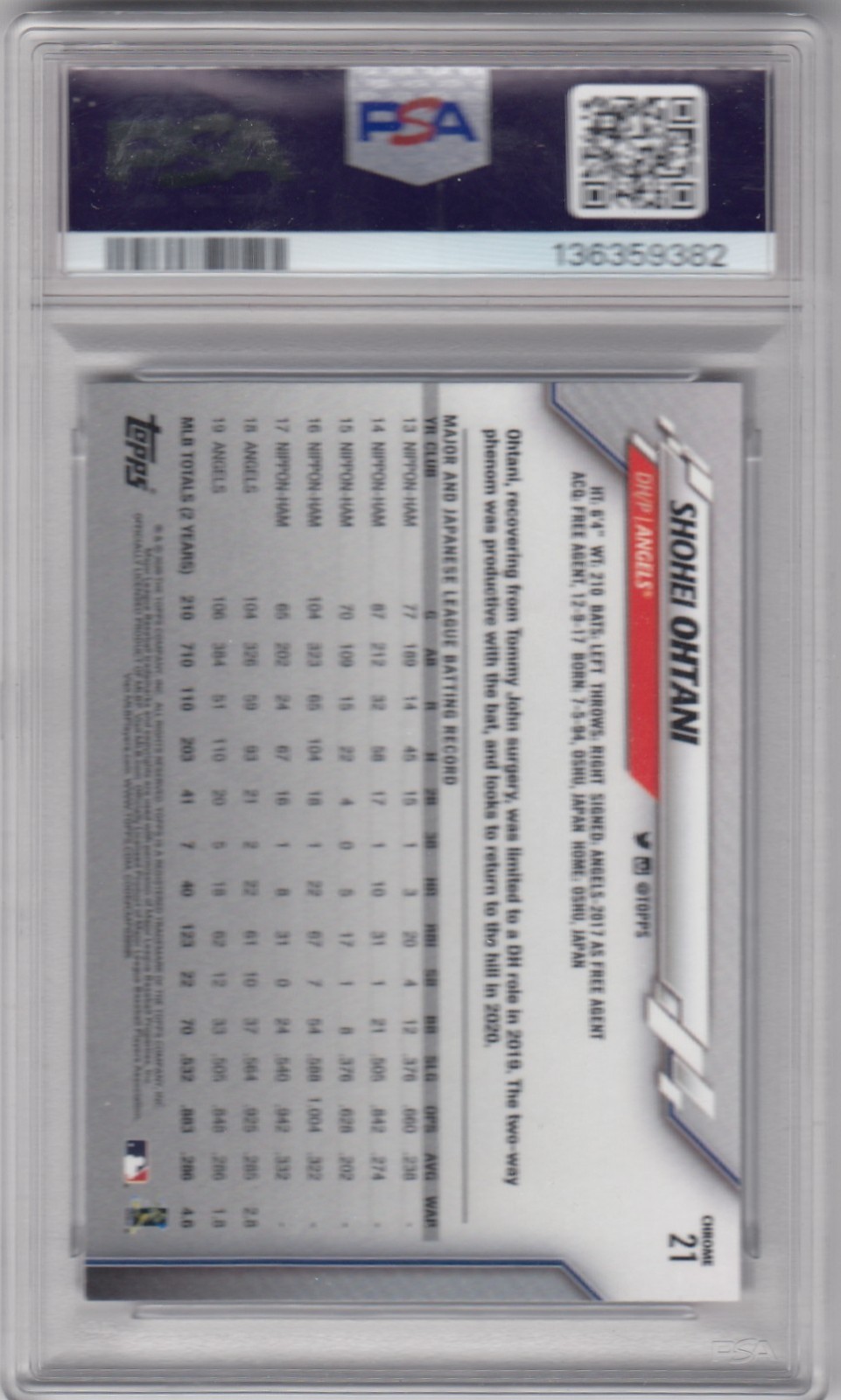 2020 Topps Chrome SHOHEI OHTANI #21 PSA 5 ZU view 2