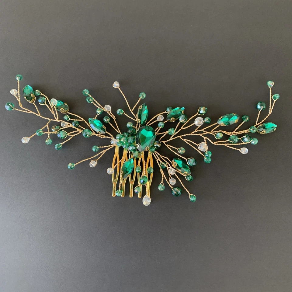 Bridal Green Hair Comb Emerald Hair Vine Malachite Green Wedding Headpiece - Image 3 of 4