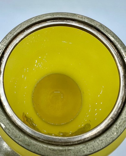 Antique YELLOW OPALINE Lemon Art Glass Floral Metal Handled Cracker BISCUIT JAR - Picture 11 of 13