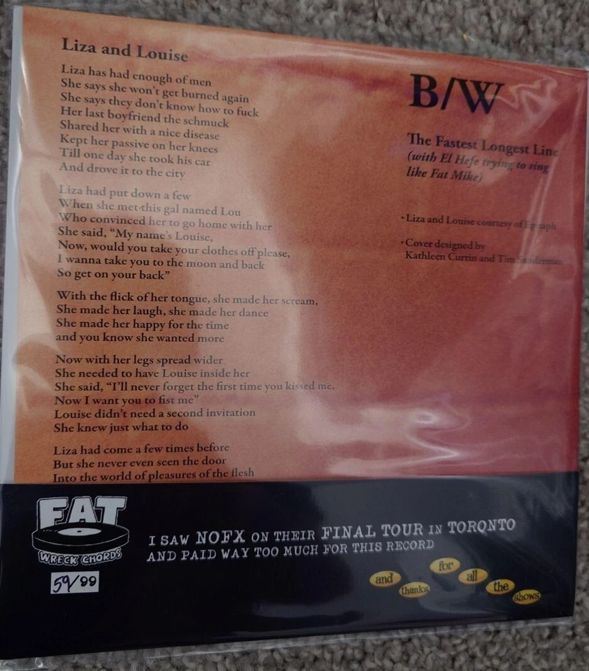 NOFX Liza & Louise 7" EP Clear w/Blue Dots Final Tour Vinyl Canada #58 of 99 - Image 3 of 3