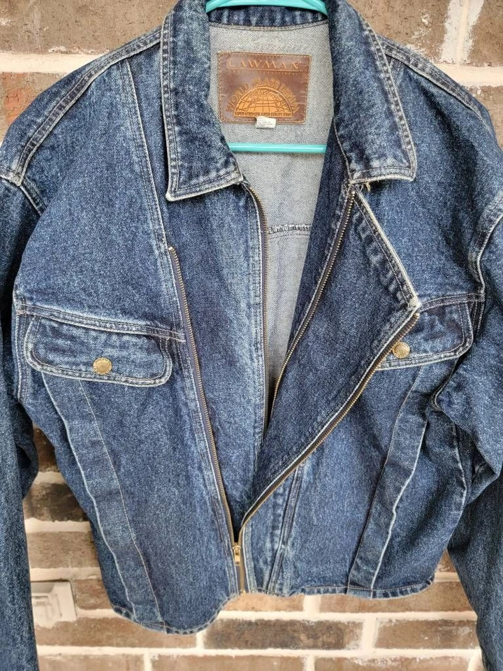 Chaqueta de mezclilla Lawman para mujer azul asimétrica con cremallera bolsillos cuello M Foto 3 de 4