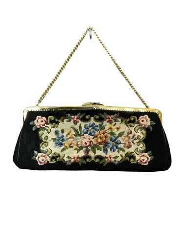 VTG 60S 70S BLACK PINK GREEN BLUE FLORAL ROSE EMBROIDERED TAPESTRY PURSE CLUTCH - Picture 4 of 4