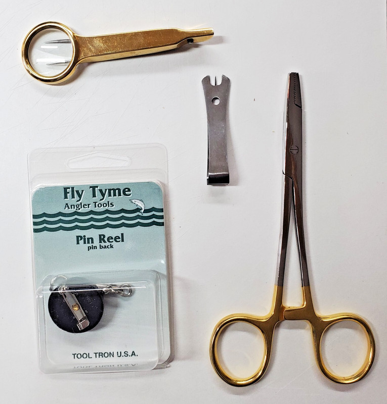 Tooltron 4 pc fishing lot w/hook remover, pin reel, magnifier tweezers