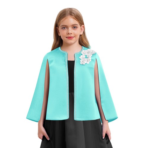 Kids Girls Flower Rhinestone Decor Open Front Bolero Shrug Cape Dress Cover up - Picture 71 of 86