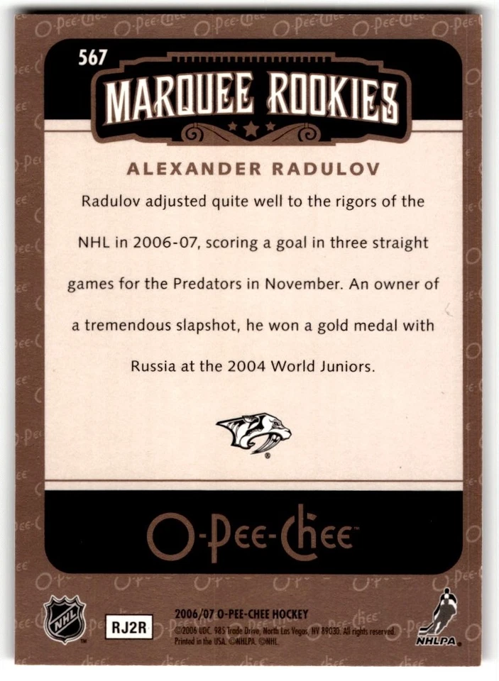 Alexander Radulov 2006-07 O-Pee-Chee Rookie #567 Nashville Predators - Image 2 of 2
