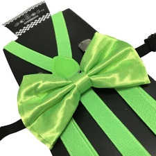Neon Green Skinny Suspender & Bow Tie Set  Adults Men Women Teens Prom Wedding