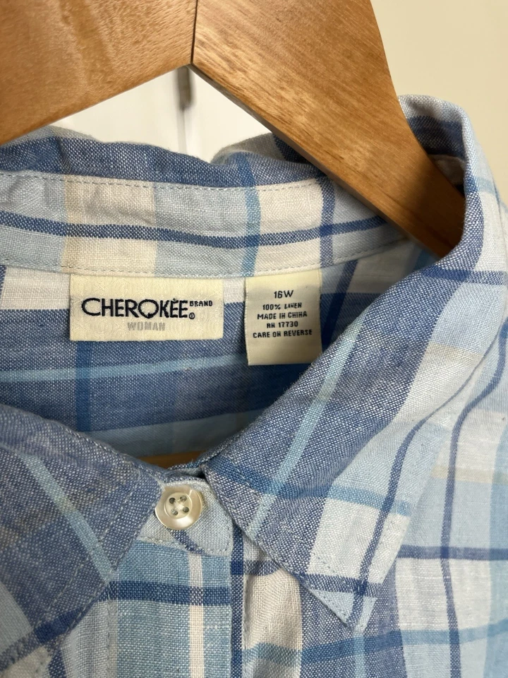 Cherokee 女式 100% 亚麻纽扣衬衫蓝色条纹女式 16W 码 — 第 2/4 张图片