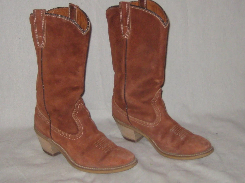 Botas de cuero gamuza vintage tacones apilados años 70 años 70 Rust Burnt Sienna 6.5? Foto 3 de 4