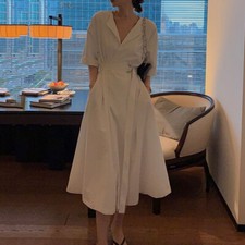 Women Long Shirt Dress V-neck Short Sleeve Loose Office Casual White Summer Chic