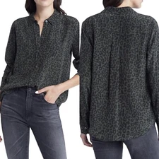 Rails Green Black Kate Olive Batik Cheetah Silk Button Down Shirt Small