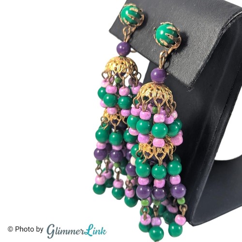 Orecchini Vintage Verde Rosa Viola Perline Lampadario a Livelli Pendente Tono Oro Clip On - Foto 2 di 6