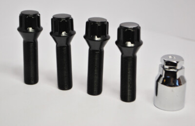 Set of 4 x M14 x 1.25, 43mm Thread, Locking Wheel Bolts (Black)