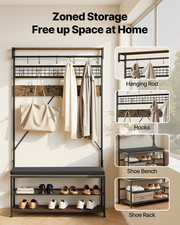Hall Tree, 72 in Coat Rack with Shoe Bench, Closet