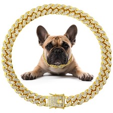 Cuban Link Dog Collar Gold Crystal Dog Necklace Metal Chain Collar with Desig...