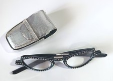 Vintage 1950s Folding Black Rhinestone Reading Glasses in Shiny Silver Case