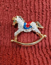 Rocking Horse Birthstone Rhinestone Pin Blue Red Enamel Brooch Gold Tone Pony