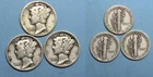 SILVER! SILVER! SILVER! 1938 39 39-D MERCURY DIMES LOT 3 COINS #MX4-47