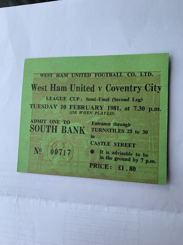 West Ham United v Coventry City League Cup Semi Final Ticket Stub 10th Feb 1981