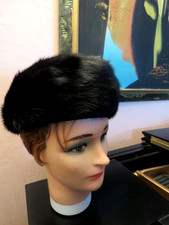 Vintage THE WOODWARD SHOPS Genuine Real Shiny Black Mink Fur Pillbox Hat Beret S