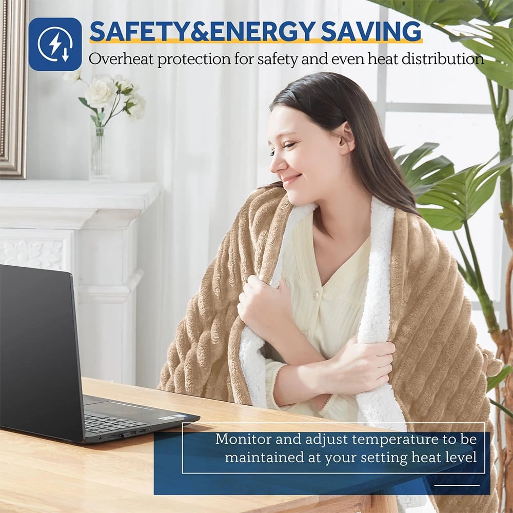 Heated Electric Throw Blanket, 50"x60", 6 Heat Levels, Auto-Off Timer, Machine