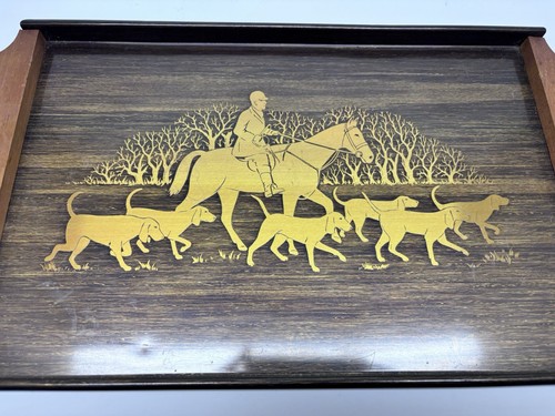 Grammes Hunting Scene Brass Inlay Serving Tray Wooden Handles Felt Back MCM - Picture 4 of 12